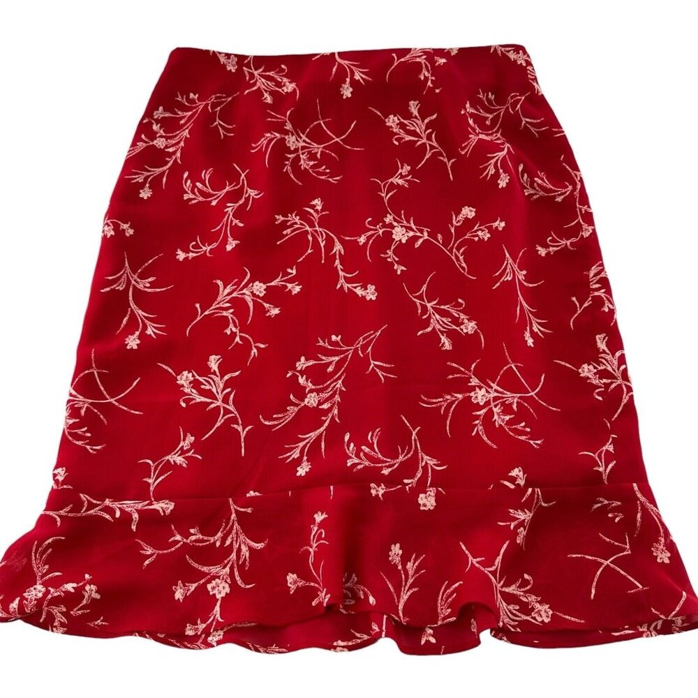 Jones Wear Floral Red A-Line Skirt‎ Ruffle Hem Size 12 Knee-Length Tulip Flounce